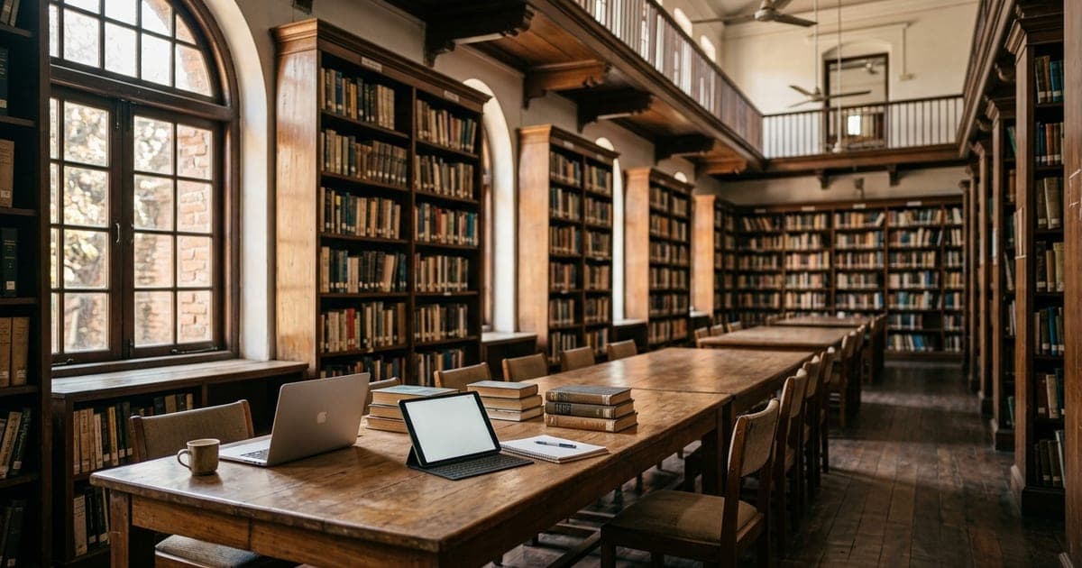 A college library reading room with tall wooden shelves, a long study table, a laptop and a tablet
