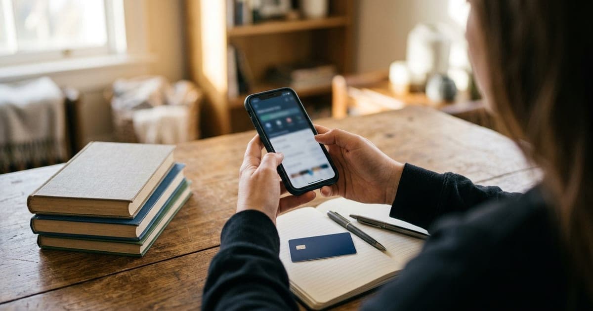 A person holding a phone above a desk with a stack of books, a bank card and an open notebook