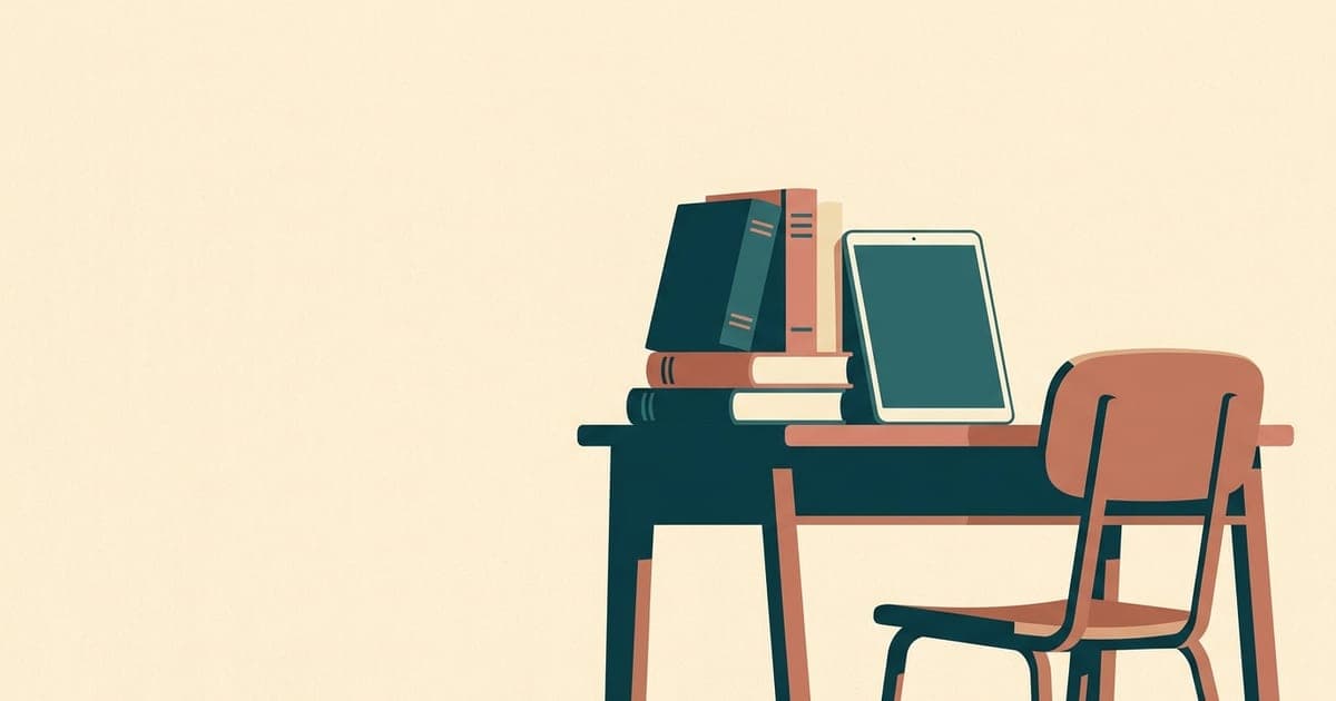 A classroom desk with textbooks, a tablet and an empty chair