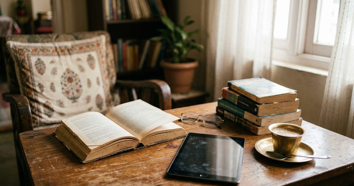 An open paperback, a tablet and a stack of library books on a wooden table beside a cup of chai