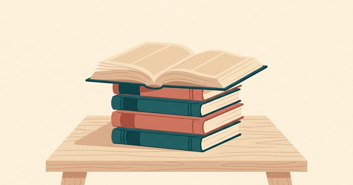 Five cloth-bound books stacked on a table with the top one open face-down
