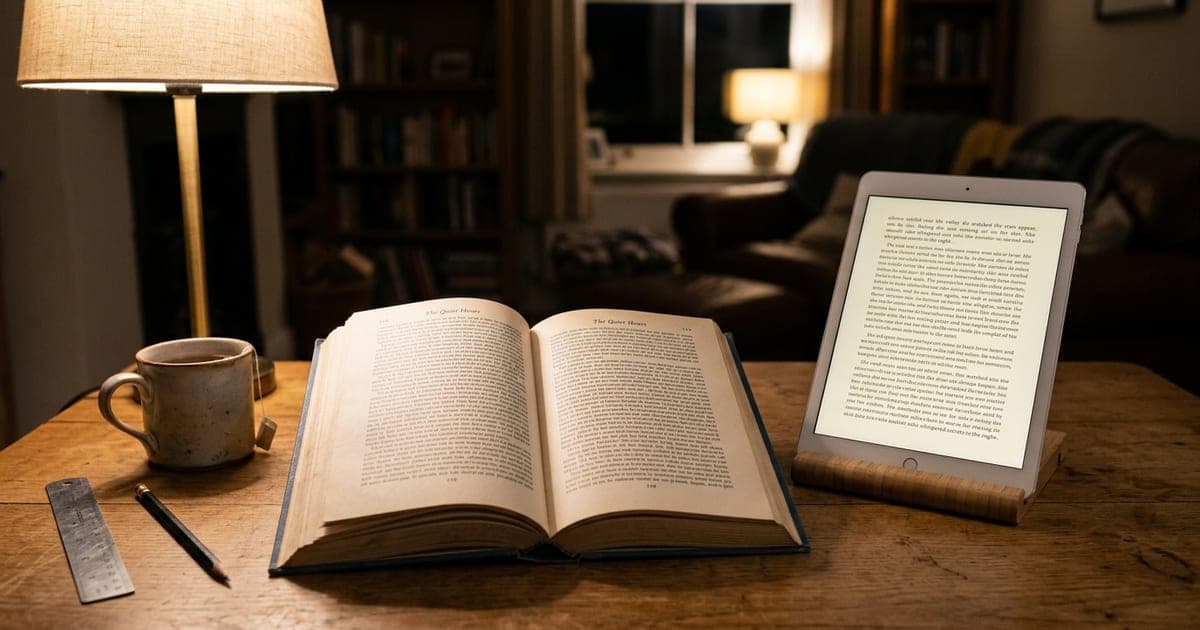 An open hardcover book on a desk beside a tablet on a stand showing a page of text, lit by a lamp
