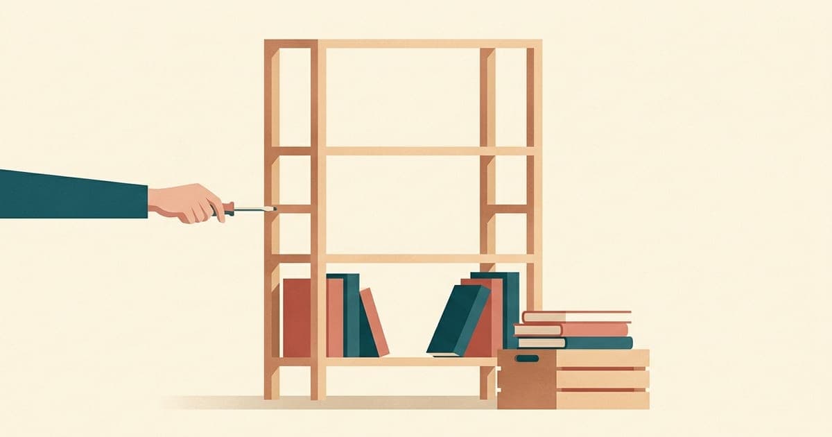 A part-filled wooden bookshelf with more books waiting in a crate