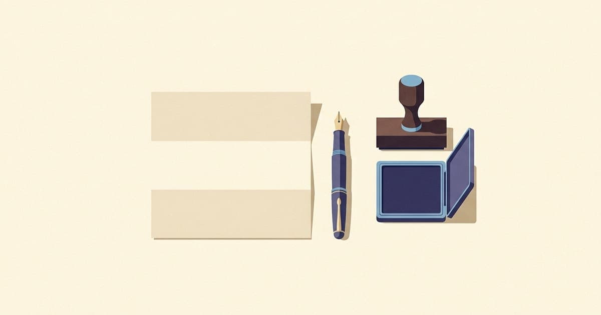 A folded letter, fountain pen and rubber stamp on an office desk
