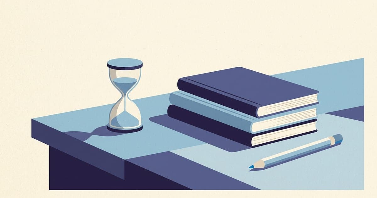 An hourglass beside a stack of notebooks and a pencil on a desk