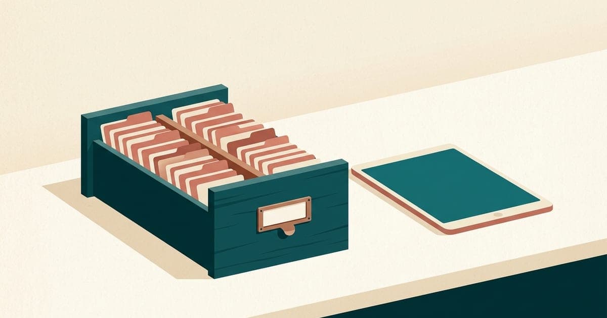 An open card-catalogue drawer beside a tablet on a counter