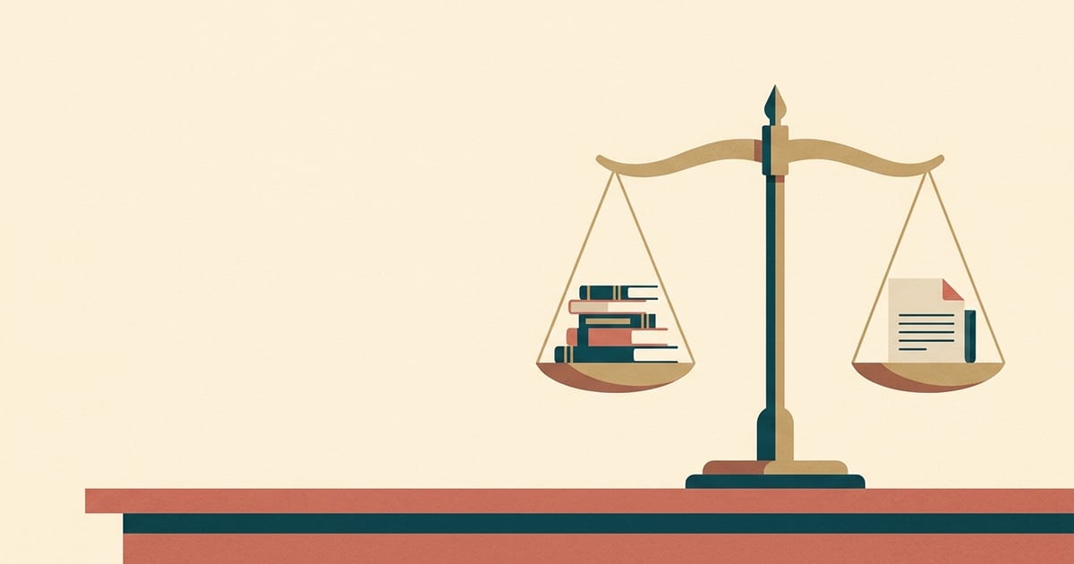 Brass balance scales weighing a stack of books against a folded document