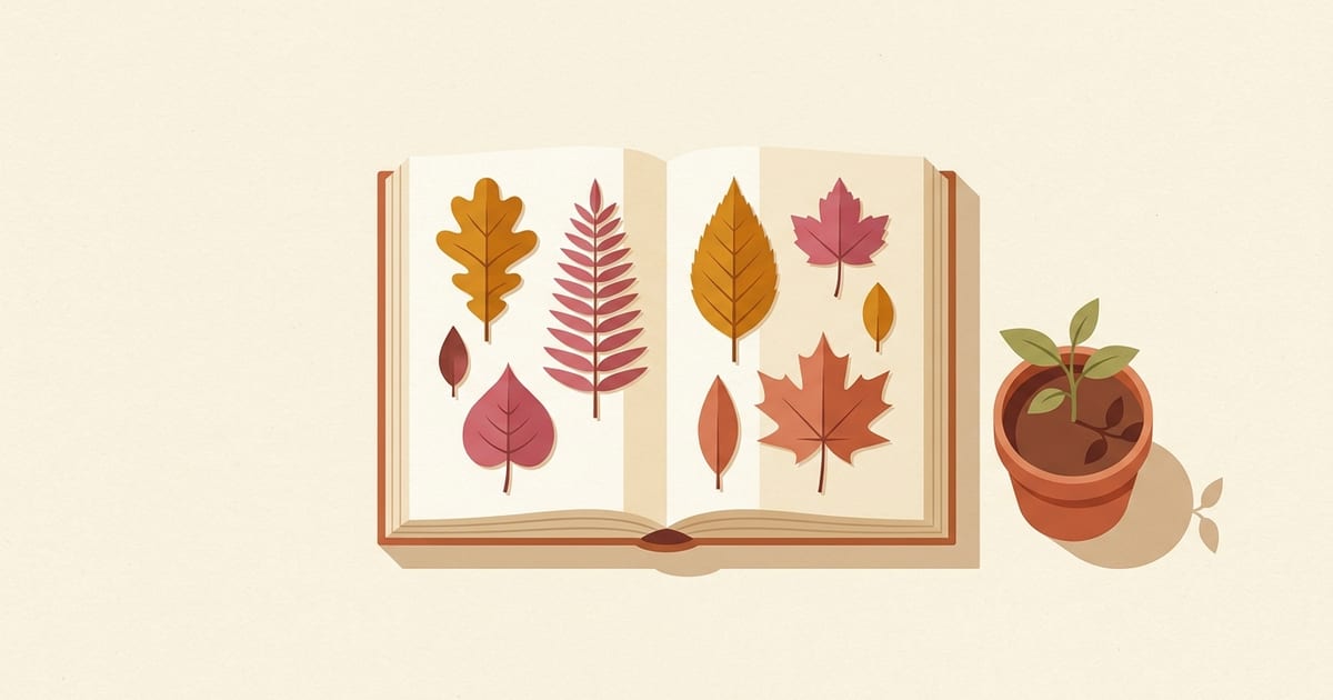 An open botanical book with pressed leaves beside a potted seedling