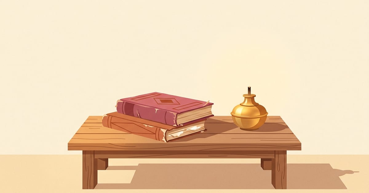 Two cloth-bound books on a low table beside a brass oil lamp