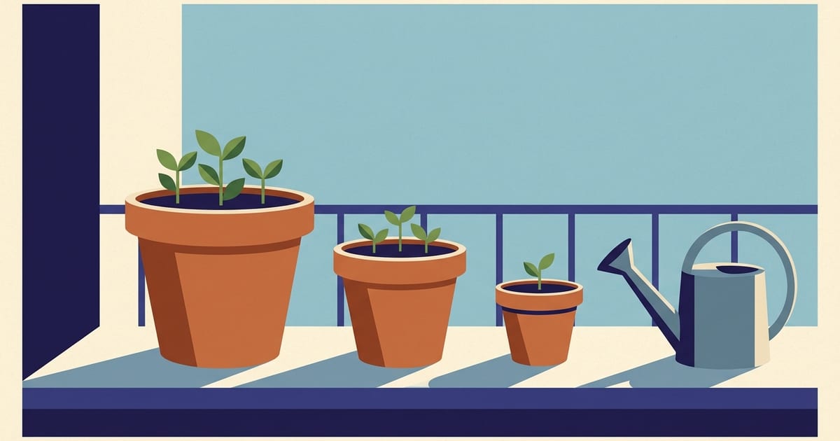 Three terracotta pots with seedlings on a sunlit balcony ledge