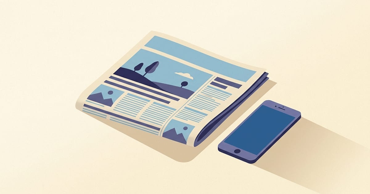 A folded newspaper beside a smartphone on a table, casting long shadows