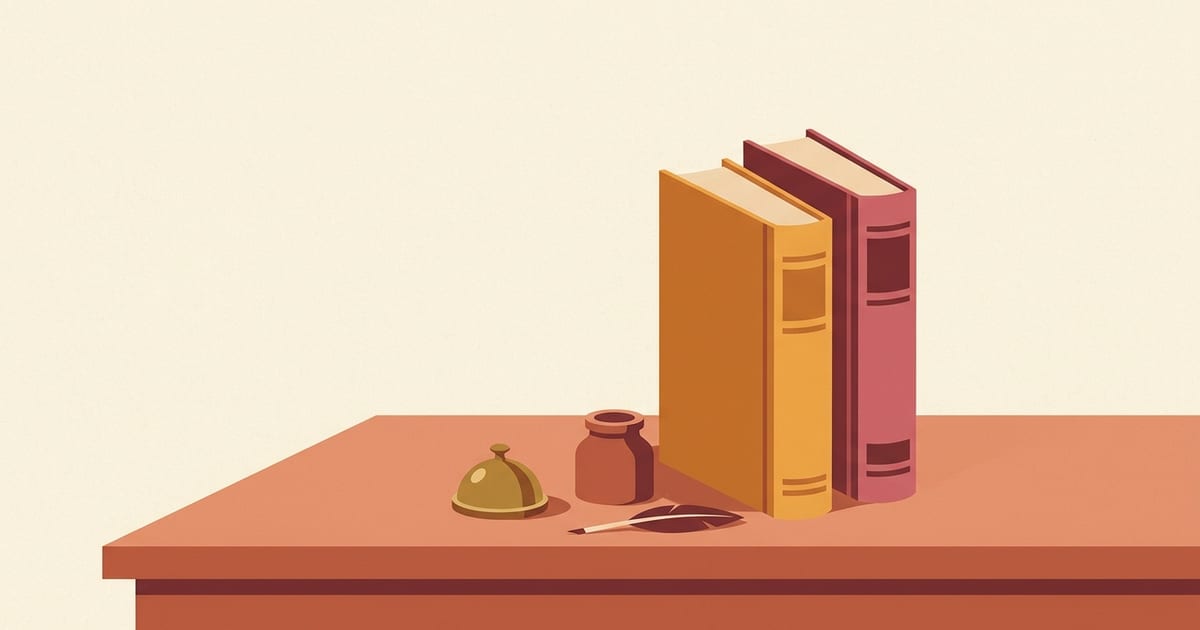 Two thick reference volumes with a brass paperweight and inkpot