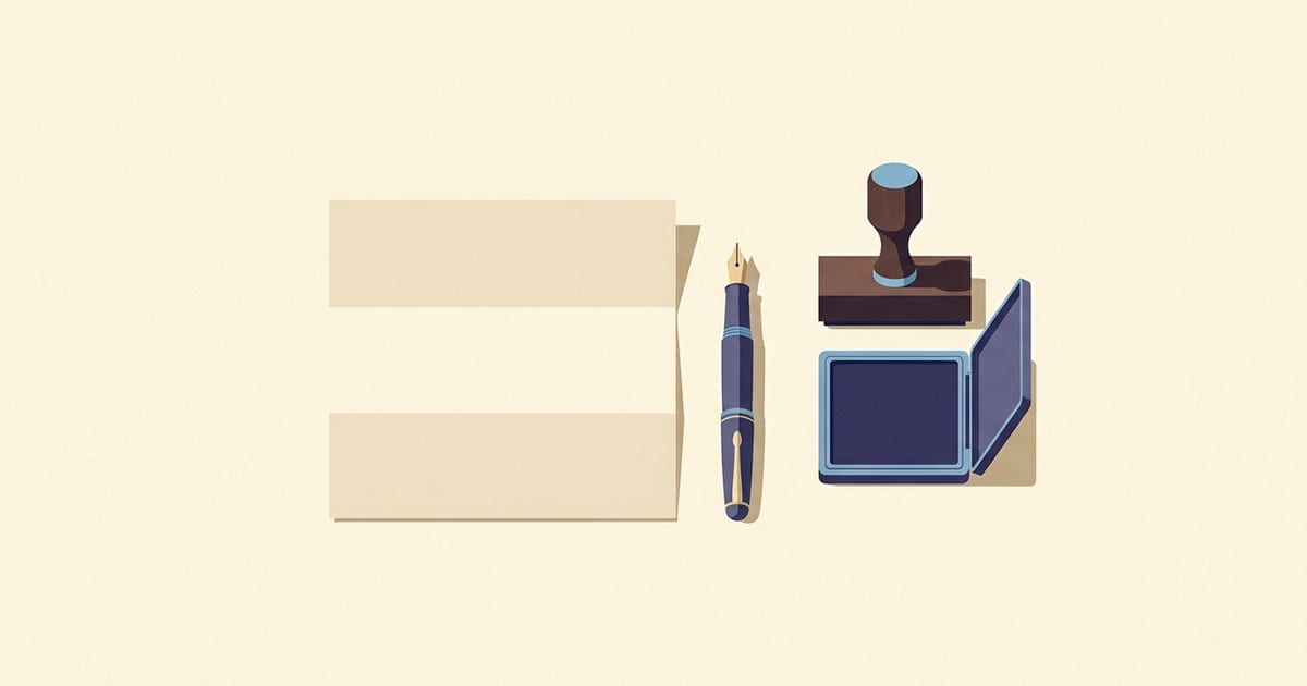 A folded letter, fountain pen and rubber stamp on an office desk