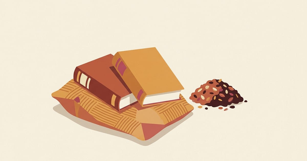 Two books resting on a jute grain sack beside seeds and soil