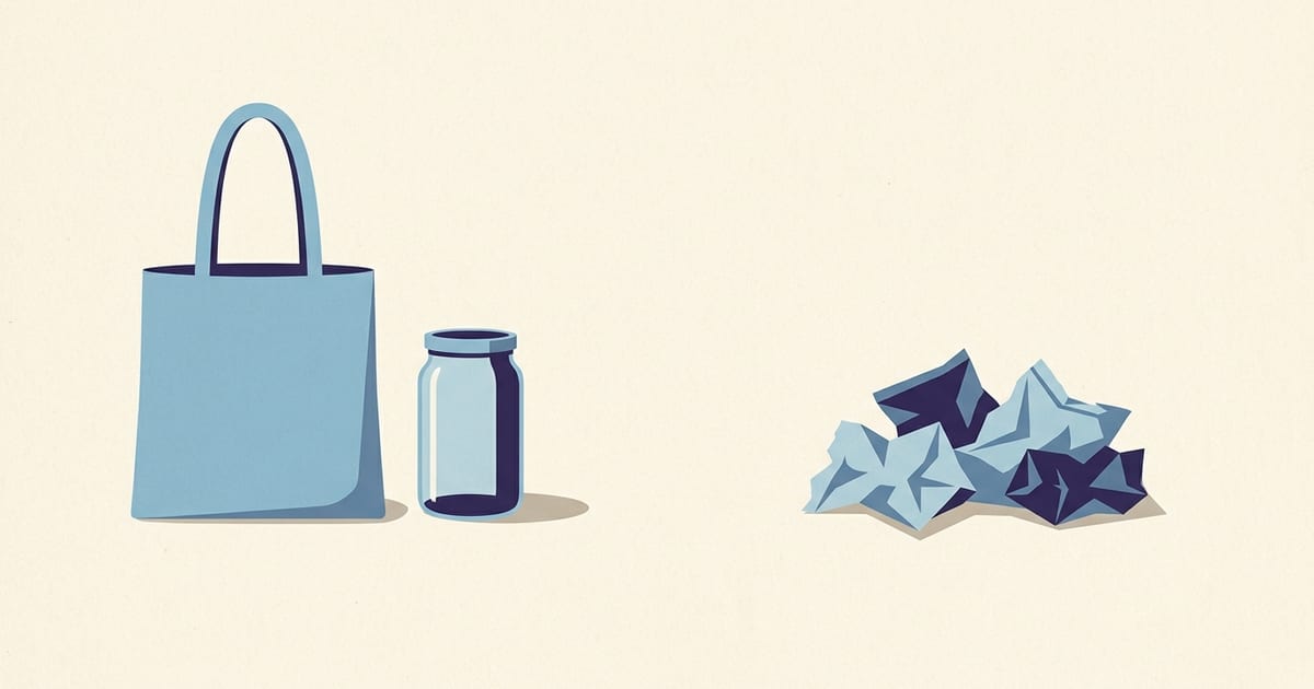 A cloth bag and glass jar set apart from a heap of crumpled plastic