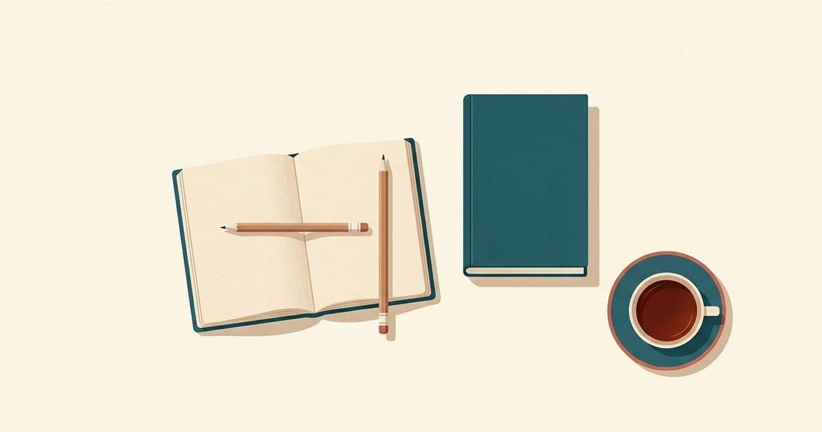 An open notebook with a pencil across it beside a closed book and a cup of tea