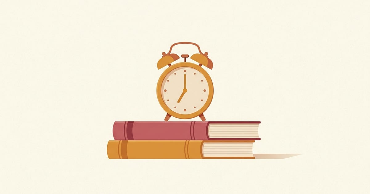 A brass alarm clock resting on two stacked books in morning light